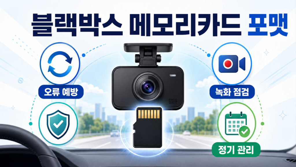 블랙박스 메모리카드 포맷과 오류 예방, 녹화 점검, 정기 관리를 설명하는 인포그래픽