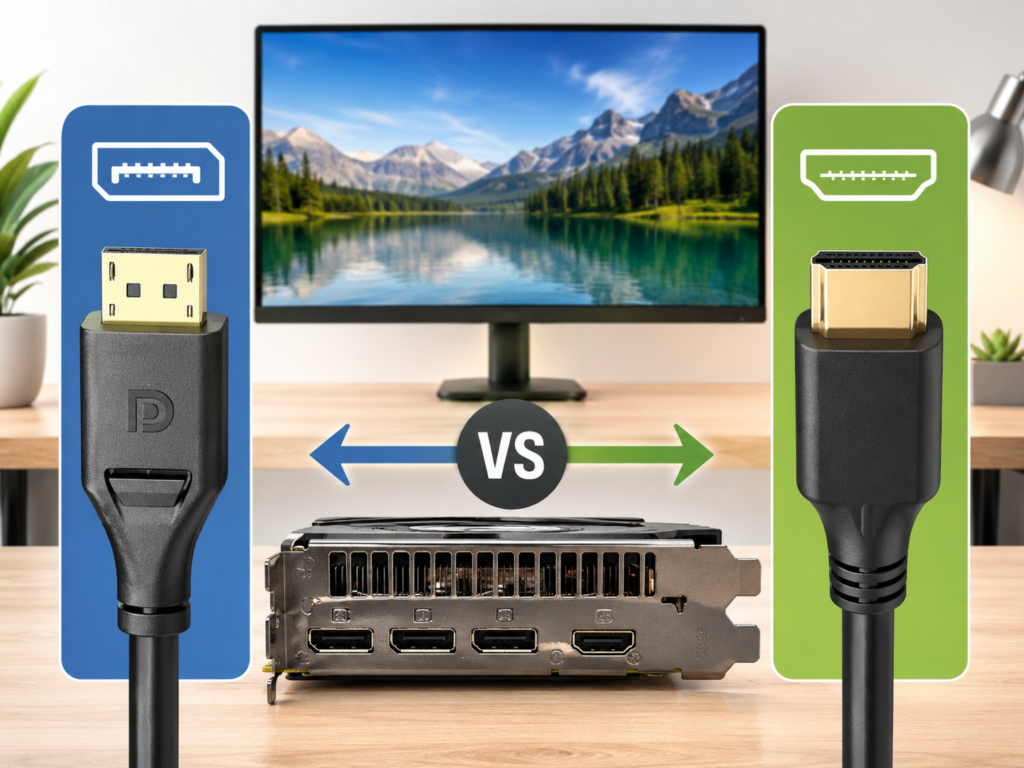 DP와 HDMI 케이블이 모니터 연결에서 어떻게 다른지 보여주는 비교 이미지