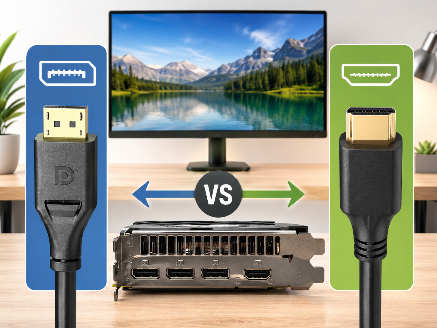 DP와 HDMI 케이블이 모니터 연결에서 어떻게 다른지 보여주는 비교 이미지
