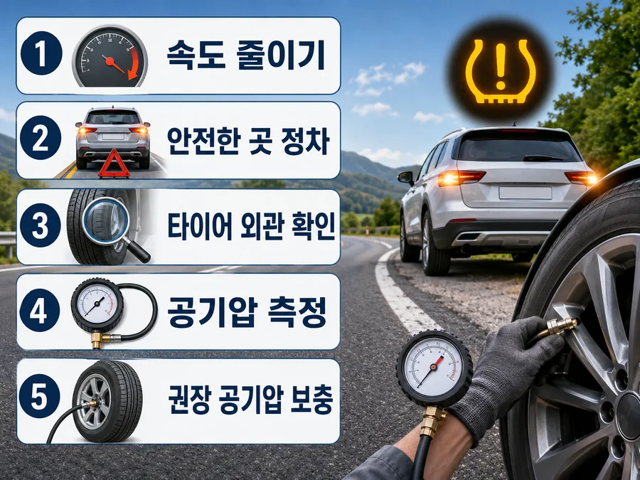 타이어 공기압 경고등이 들어왔을 때 속도를 줄이고 안전한 곳에 정차한 뒤 공기압을 확인하는 순서