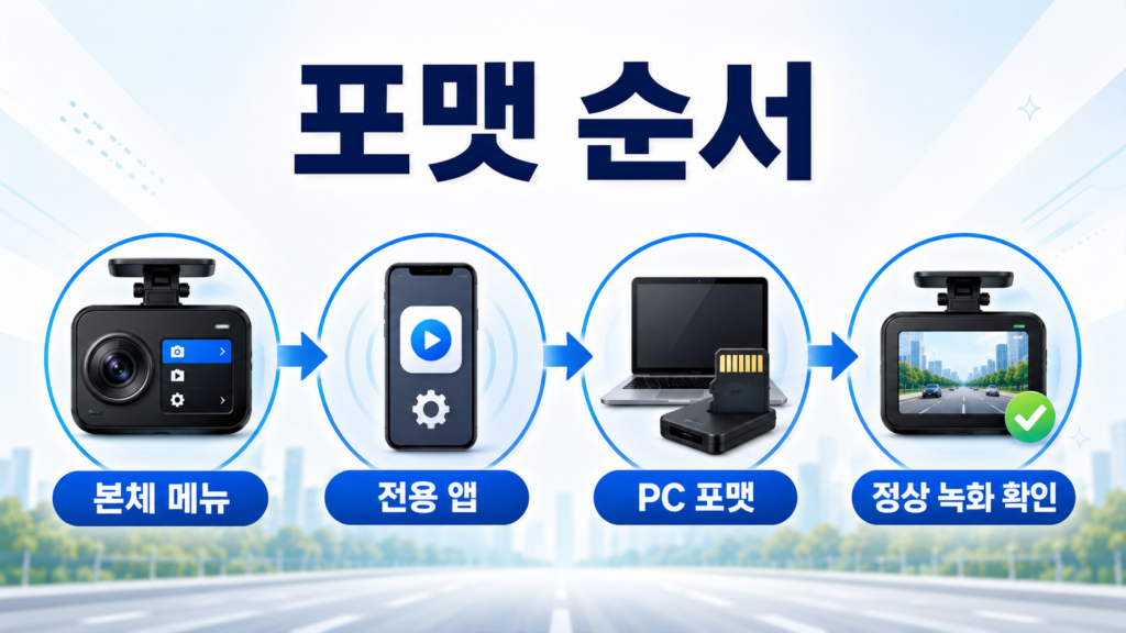 블랙박스 본체 메뉴, 전용 앱, PC 포맷, 정상 녹화 확인 순서를 보여주는 단계형 인포그래픽
