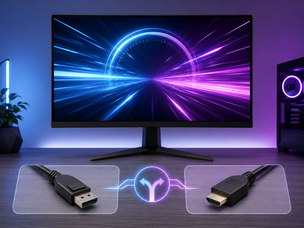 고주사율 모니터 연결 시 DP와 HDMI 케이블 선택을 고려하는 장면을 보여주는 이미지