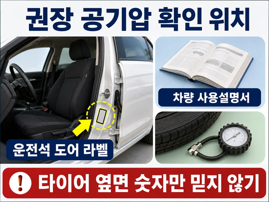 운전석 도어 라벨과 차량 사용설명서에서 권장 타이어 공기압을 확인하는 방법