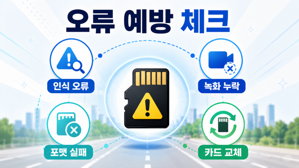 블랙박스 메모리카드 인식 오류, 녹화 누락, 포맷 실패, 카드 교체 기준을 설명하는 인포그래픽