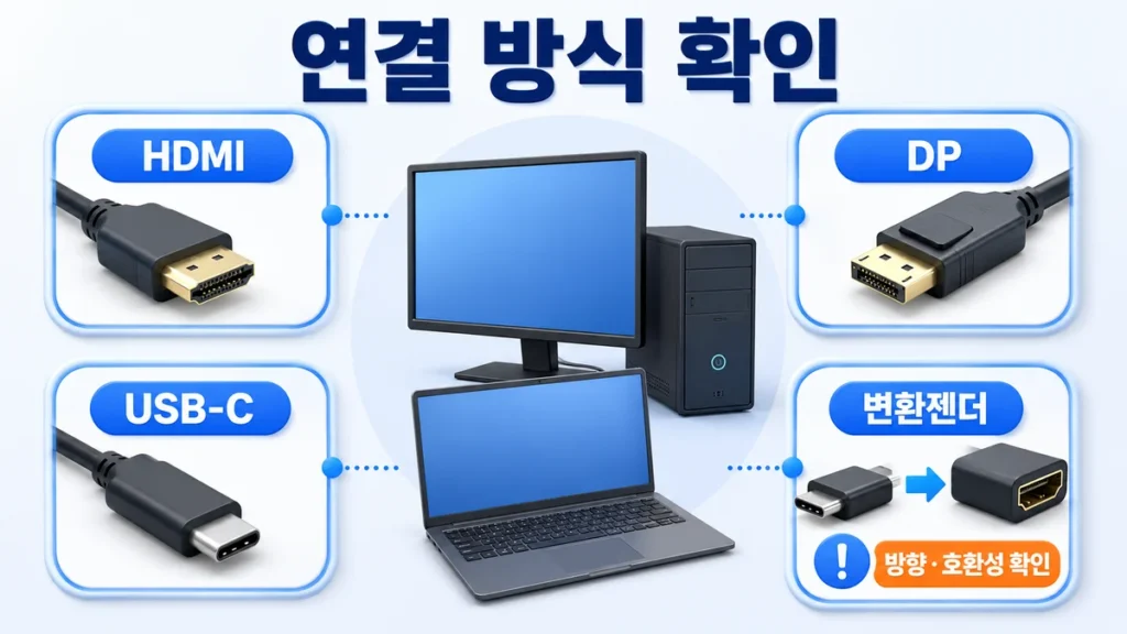 HDMI, DP, USB-C, 변환젠더 연결 방식을 구분하고 변환젠더의 방향과 호환성 확인을 안내하는 인포그래픽