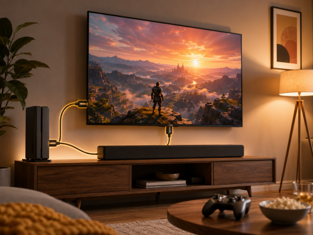 TV, 콘솔 게임기, 사운드바 연결에서는 HDMI가 많이 사용된다는 내용을 보여주는 이미지