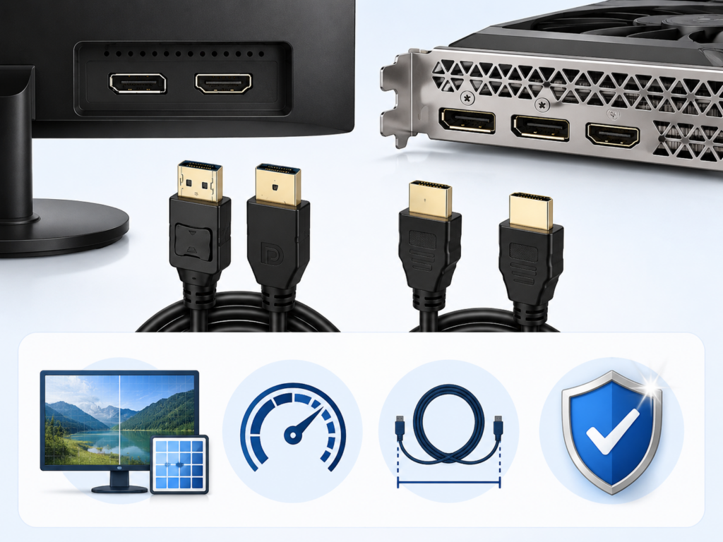 DP와 HDMI 케이블 구매 전 단자, 해상도, 주사율, 길이, 인증 항목을 확인하는 이미지