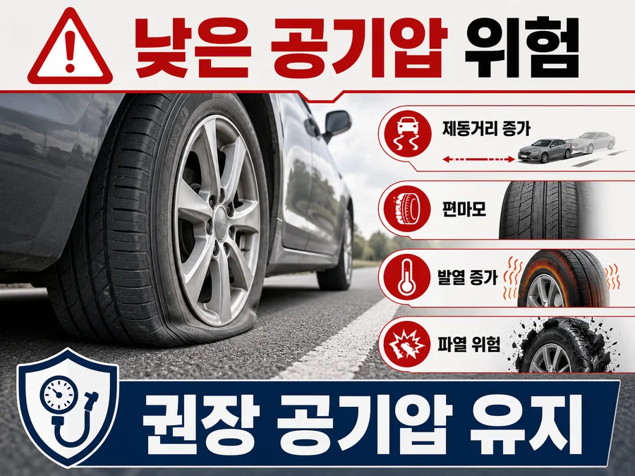 낮은 타이어 공기압으로 인한 제동거리 증가, 편마모, 발열 증가, 파열 위험 안내 이미지