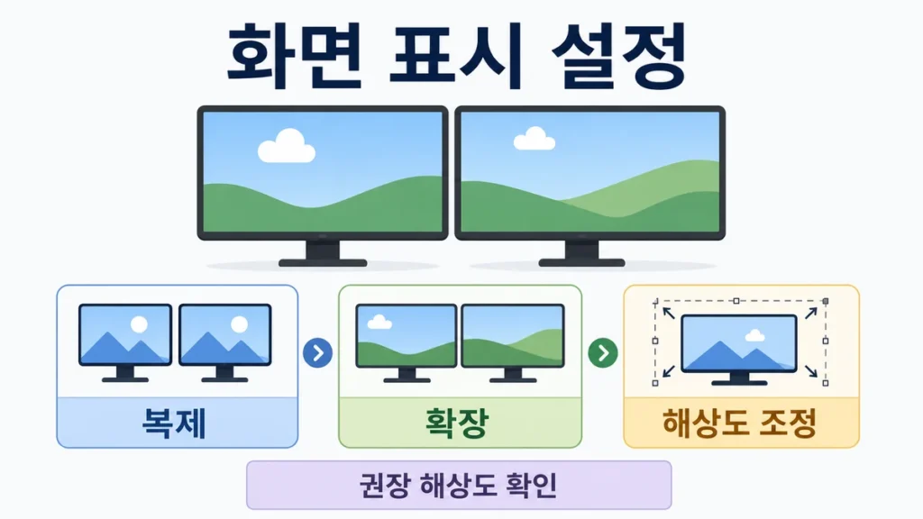 화면 표시 설정에서 복제, 확장, 해상도 조정과 권장 해상도 확인 흐름을 보여주는 인포그래픽