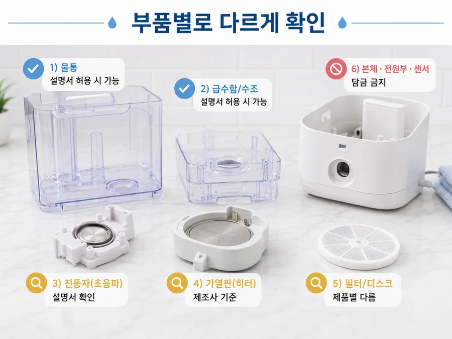 가습기 물통, 수조, 진동자, 가열판, 필터, 본체와 센서의 구연산 사용 가능 여부와 담금 금지 부위를 보여주는 이미지