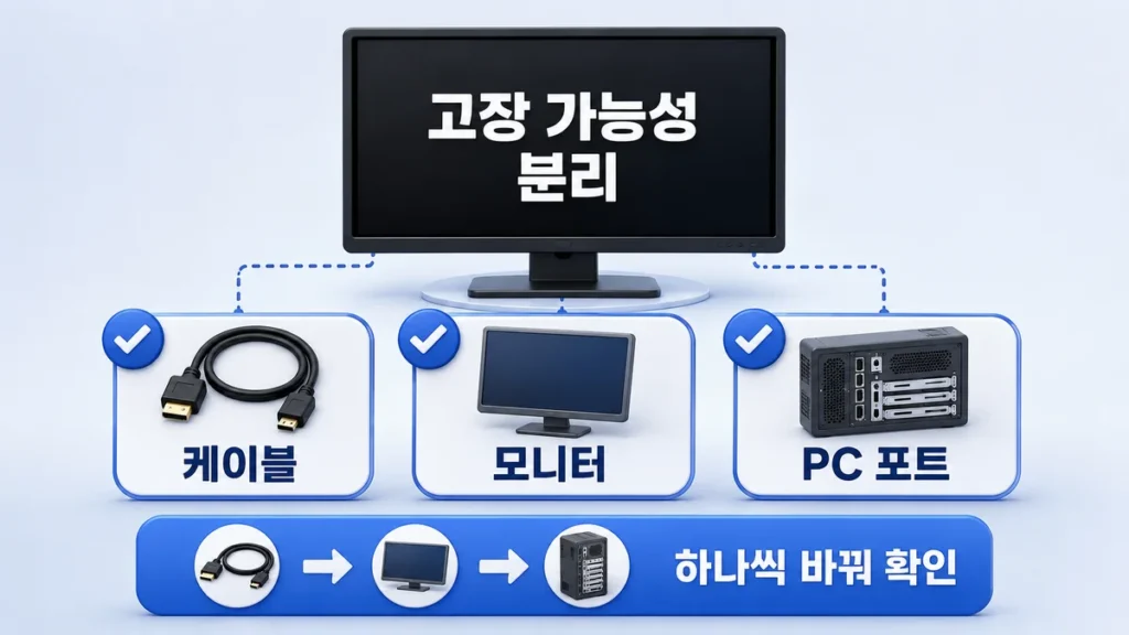 케이블, 모니터, PC 포트를 하나씩 바꿔 확인하며 고장 가능성을 분리하는 방법을 보여주는 인포그래픽