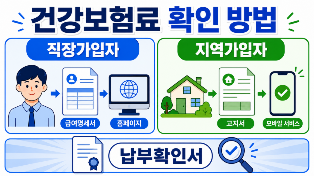 직장가입자와 지역가입자의 건강보험료 확인 경로를 급여명세서, 홈페이지, 고지서, 모바일 서비스, 납부확인서로 정리한 대표 이미지