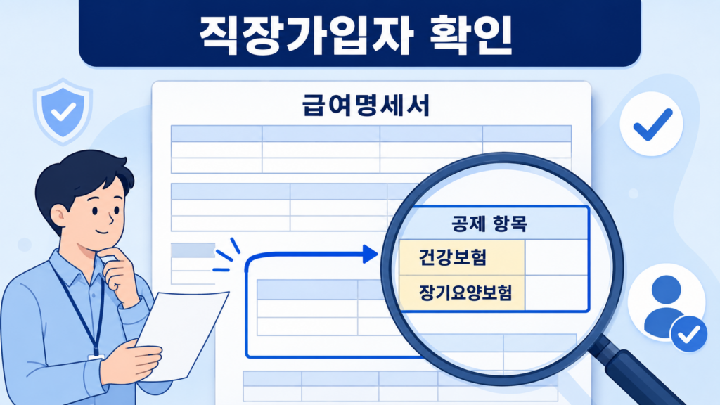 직장가입자가 급여명세서의 공제 항목에서 건강보험과 장기요양보험을 확인하는 이미지