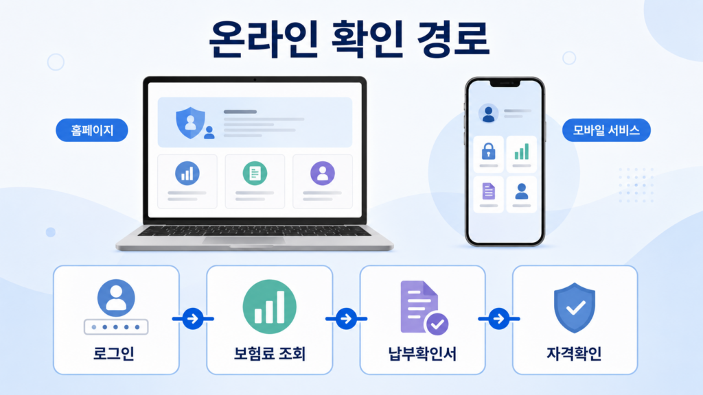 홈페이지와 모바일 서비스에서 로그인, 보험료 조회, 납부확인서, 자격확인 순서로 건강보험료를 확인하는 이미지