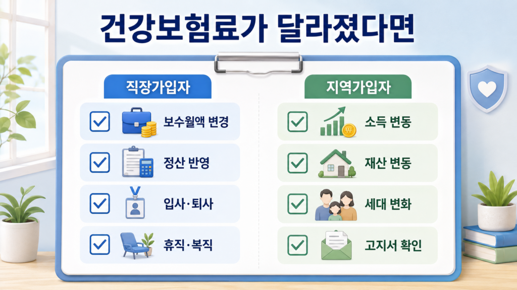 건강보험료가 달라졌을 때 직장가입자와 지역가입자가 확인할 항목을 체크리스트로 정리한 이미지